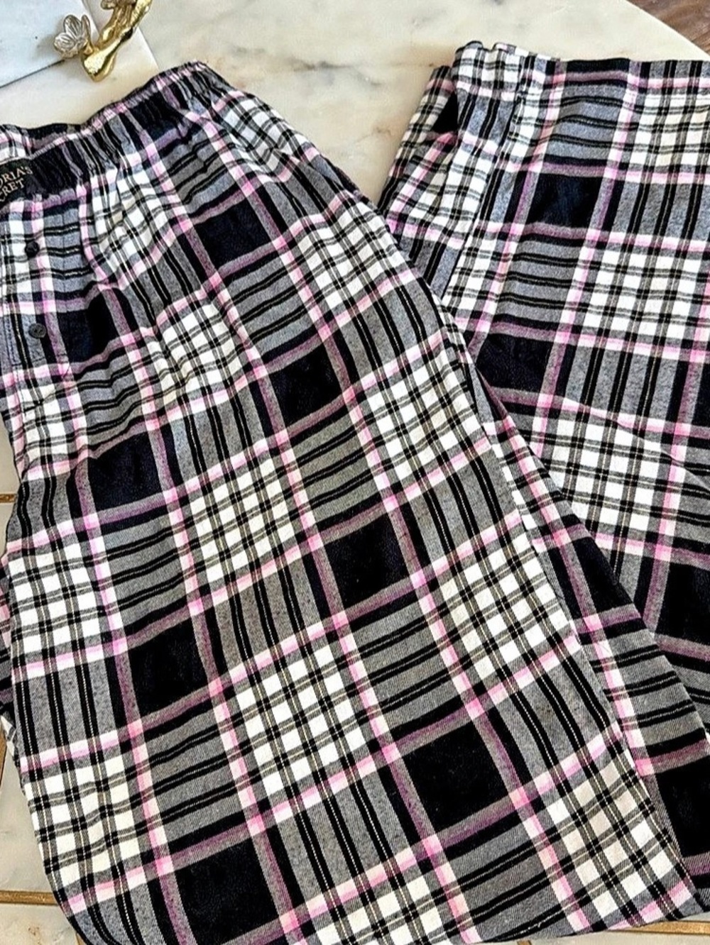 Victoria'Small Secret Flannel Pajama Pants Plaid Black & Pink Small